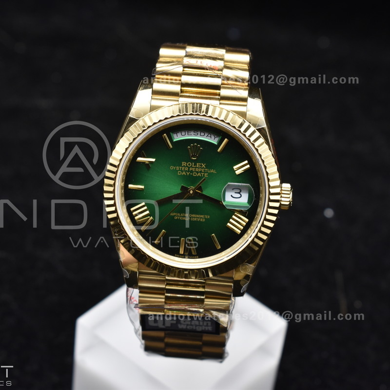 DayDate 40 YG QF Best Edition 904L Steel Green/Black Dial on President Bracelet A2836 V4 (Gain Weight)